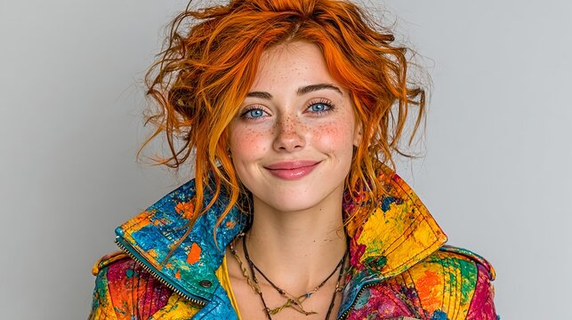 Smiling woman with curly red hair in colorful fashion jacket