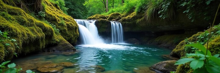 Obraz premium Serene Waterfall Cascading over Mossy Rocks into a Crystal Clear Creek, Lush Green Foliage, Idyllic Nature Scene Perfect for Travel and Environmental Projects