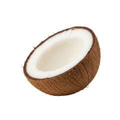 Half coconut with white flesh and brown husk isolated on transparent background