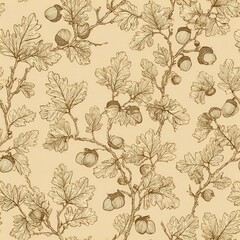 Fototapeta premium Seamless repeating line-art pattern of acorns and oak leaves on a warm beige background, elegant design