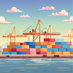 Fototapeta premium Shipping containers stacked at busy seaport terminal with cranes loading cargo