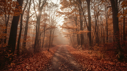 Obraz premium Autumn Forest Path 4K Wallpaper, Misty Woods Fall, Golden Leaves Lane