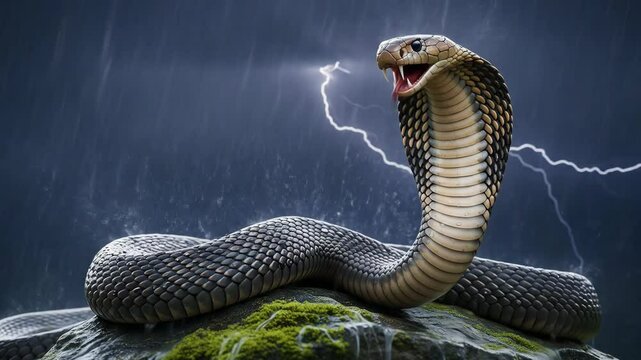 A venomous king cobra snake with its hood spread, poised to strike in a defensive posture.
