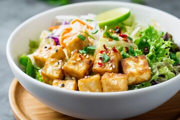 healthy fried tofu salad Buddha bowl