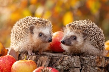 Fototapeta premium Two adorable young hedgehogs with tiny spines resting on a tree stump surrounded by s in an autumn outdoor setting