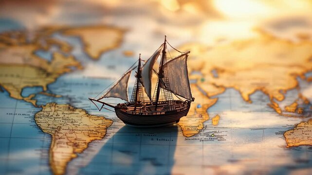Miniature Wooden Sailing Ship Positioned on a Detailed World Map Representing Travel and Exploration