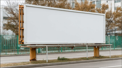 Obraz premium Large blank roadside billboard with rusty steel frame, no text, standing on two industrial poles, isolated on pure white background