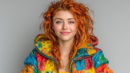 Smiling woman with curly red hair in colorful fashion jacket