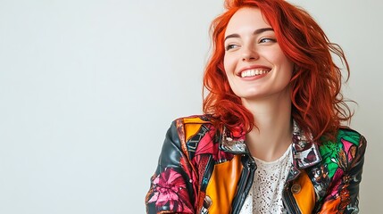 Smiling woman with curly red hair in colorful fashion jacket
