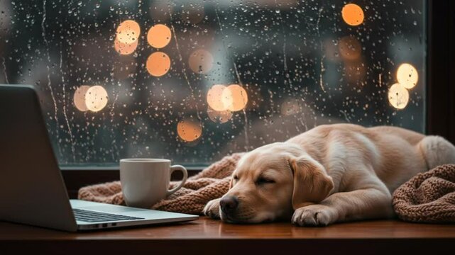 Puppy relaxing on windowsill with laptop and coffee