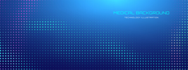 Medical Plus Sign Pattern in Abstract Health Background with Tech Element. Blue Vector and Hospital Symbol. Geometric DNA and Light Concept for Biotech Innovation.