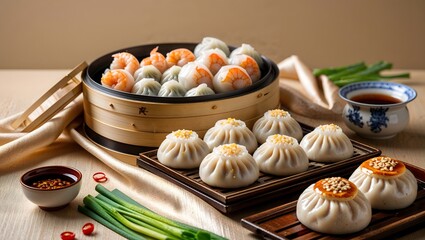Hong Kong-style dim sum with shrimp dumplings and bao buns.