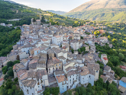 Italy 03 July 2025: aerial view from the drone of the village of Anversa degli Abruzzi in the province of L'Aquila. Here you can breathe peace and quiet immersed in uncontaminated nature