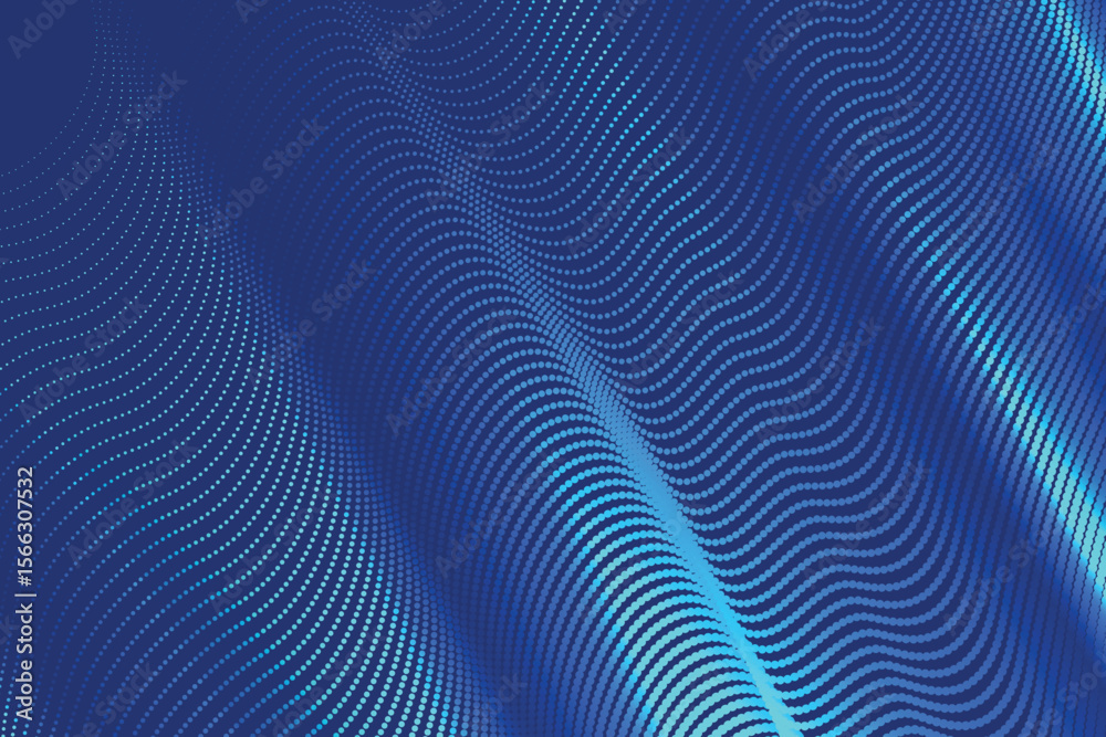 Poster abstract design showcases flowing blue waves of digital data and light points with undulating patter