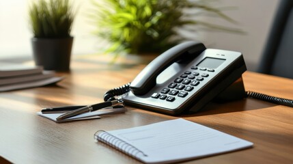 Desk setup with a black office phone, a blank notepad, a pen, and blurred green plants in the background, creating a professional workspace ambiance.
