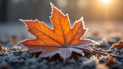 A crisp macro shot of morning frost forming delicate ice crystals on a fallen autumn leaf, captured in soft natural lighting -