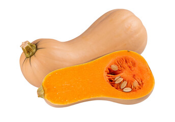 A cantaloupe melon cut open with slices showing the orange flesh and seeds on a black background space