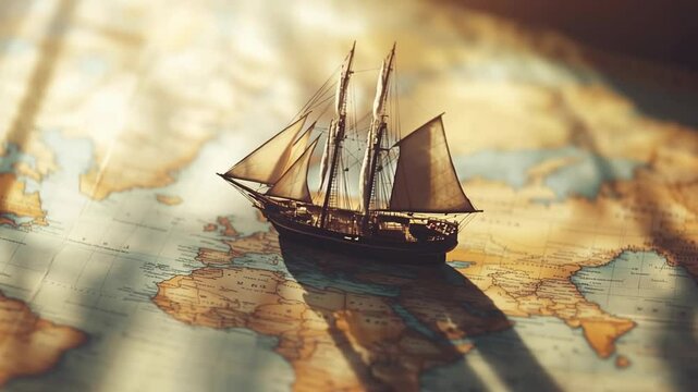 Vintage Wooden Sailing Ship Gliding Across Calm, Golden-Hued Waters at Sunset, wide map