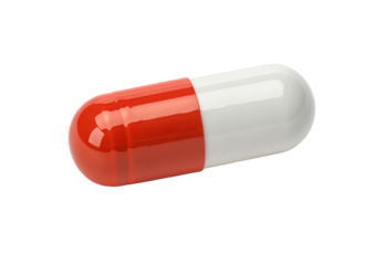 Close up of a single red and white capsule pill on black background, healthcare and medicine concept