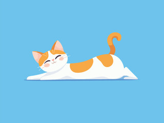 Obraz premium Cute Cartoon Cat Stretching and Smiling on a Light Blue Background Illustration