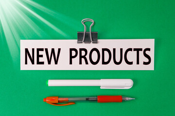 New products text  on a green background