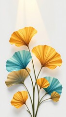 Obraz premium create a realistic illustration of five soft golden and teal ginkgo leaves with delicate veined details, set against a minimalistic white background