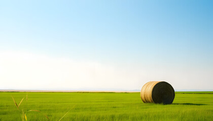 Golden hay bales dot the summer field under a blue sky, a classic rural landscape of agriculture and harvest