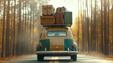 Little Red Retro Car with Suitcases on a Winter Road Trip