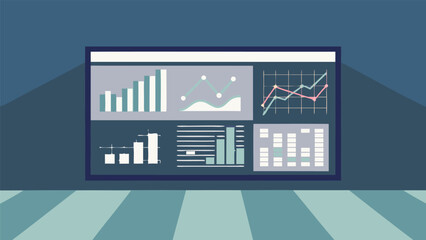 Obraz premium A monitor displaying various business data charts and graphs in a stylized presentation room scene