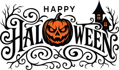 Happy Halloween! Spooky Pumpkin and Haunted House Design - Vector Illustration