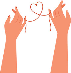 Hands of couple in love. Red thread of fate tied little fingers concept. Valentine's Day illustrations.