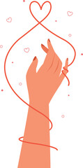 Red thread of fate tied little fingers concept. Valentine's Day illustrations.