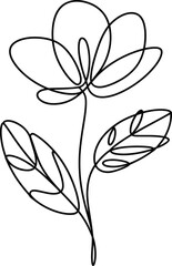 Black Line Art Flower with Leaves on White Background