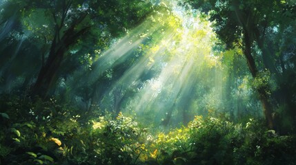 Fototapeta premium Green forest with sun rays