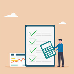 Accountant vector illustration. Jobs and professions concept. Character holding a calculator with checklist documents. Accounting and financial planning.	