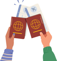 Hand holding passport and ticket for travel or trip. Vector Illustration of travel around the world.