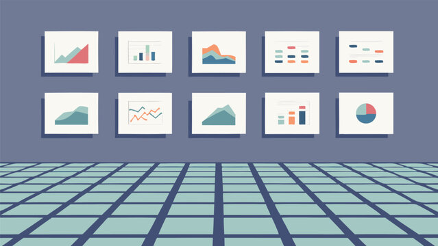 Presentation of various data charts and graphs displayed on a wall with a tiled floor view in perspective