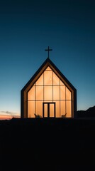 Modern Minimalist Chapel Glowing at Twilight, Serene Landscape
