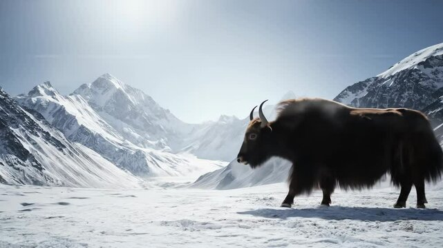 A large, powerful yak or buffalo standing in a vast, snowy mountain landscape.