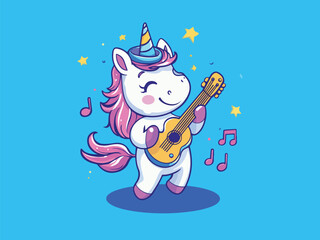 Naklejka premium Cartoon Unicorn Playing Guitar with Musical Notes and Stars on Blue Background
