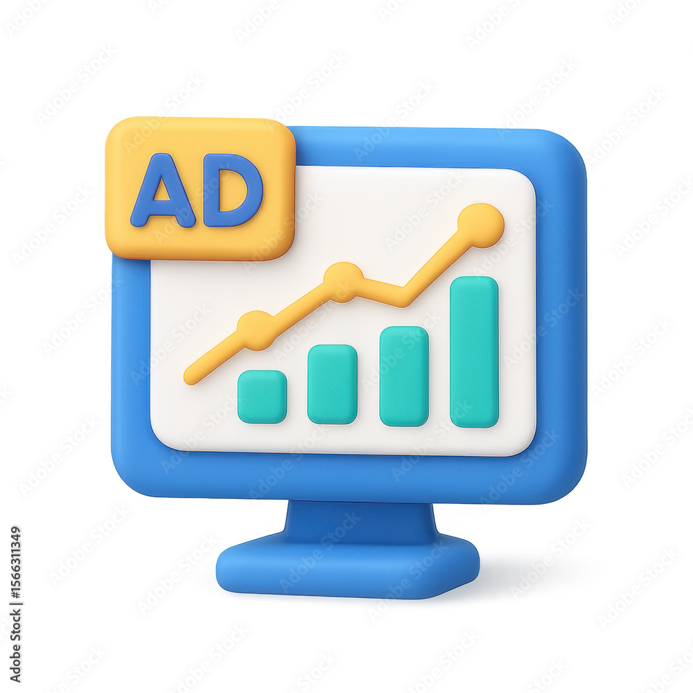 Fototapete 3d render of a computer screen displaying an upward trending graph with ad label.