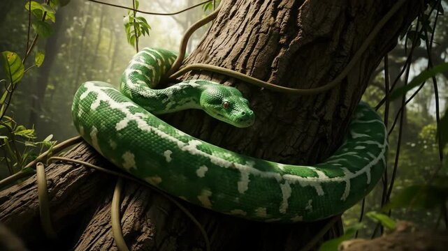 A green tree python coiled around a branch in a dark, lush jungle environment.