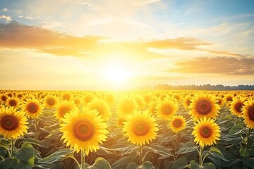 Fototapeta premium Vibrant Sunflower Field at Sunrise with Golden Sky and Beautiful Sunlight