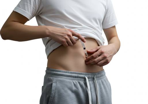 A young man injecting insulin into his abdomen with a syringe, isolated on transparent background