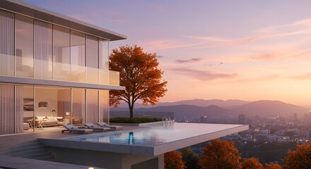 Fototapeta premium Modern Two-Story House with Infinity Pool Overlooking Cityscape at Sunset – Glass Architecture with Lounge Deck, Autumn Tree, and Panoramic View of Mountains and Urban Skyline