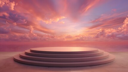 Mesmerizing Natural Podium Display with Surreal Glowing Sky Blending Modern 3D Artistry and Romantic Dreamlike Ambiance for Product Presentation