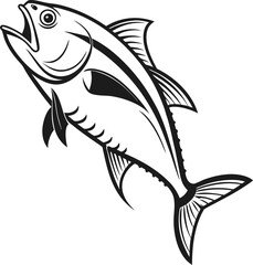 A bold, black and white illustration of a tuna fish leaping, showcasing its powerful physique and dynamic movement.
