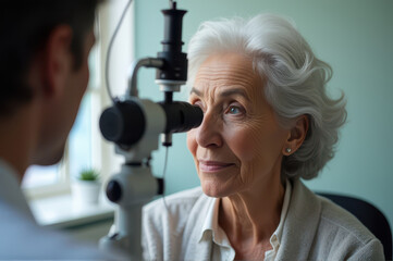 elderly woman with grey hair undergoing examination using specialized equipment. concept of healthcare and vision checkup. medical practice, optometry clinic, patient care. national eye exam month