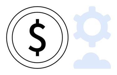 Black dollar coin outlined in white alongside a light blue gear and cloud. Ideal for finance, investment, digital economy, cloud computing, innovation, business strategy, and fintech. Flat simple