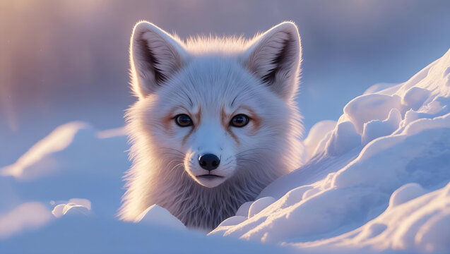 Arctic fox kit peeking from snowdrift at sunrise winter wildlife animal